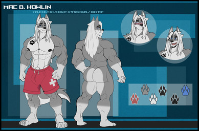4_toes 5_fingers abs anthro biceps black_border black_eyebrows black_nipples blue_eyes border clothing eyebrows feet fingers footprint fur grey_body grey_fur hair humanoid_hands lifeguard lifeguard_swimsuit long_hair male muscular muscular_calves muscular_thighs nipple_piercing nipples pawprint pawprint_tattoo pecs piercing plantigrade solo swimming_trunks swimwear tattoo toes triceps white_body white_chest white_fur white_hair therot0 mac_b._howlin canid canine canis mammal wolf digital_media_(artwork) hi_res model_sheet