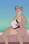 anthro big_breasts breasts brown_body brown_fur cheese clipboard clothing dairy_products female food frown fur holding_clipboard holding_object jewelry low-angle_view mostly_nude necklace nipples panties solo underwear thingshappen bojack_horseman netflix mia_mckibben mammal mouse murid murine rodent hi_res