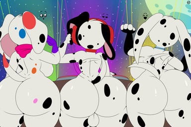 anthro backsack balls butt casual_nudity dancing female genitals group male male/female nudist party trio nr_ac 101_dalmatian_street 101_dalmatians disney d.j._(101_dalmatians) da_vinci_(101_dalmatians) dolly_(101_dalmatians) canid canine canis dalmatian domestic_dog humanoid mammal 3:2 absurd_res hi_res brother_(lore) brother_and_sister_(lore) sibling_(lore) sister_(lore)