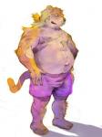 anthro belly bulge clothing male moobs navel nipples outie_navel overweight overweight_anthro overweight_male simple_background solo underwear motogen felid mammal pantherine tiger 2007 3:4