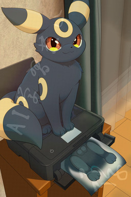 balls black_body black_fur feral fur genitals humor male printer quadruped sitting solo yellow_eyes hirochanu nintendo pokemon eeveelution generation_2_pokemon pokemon_(species) umbreon 2:3 absurd_res distracting_watermark hi_res watermark