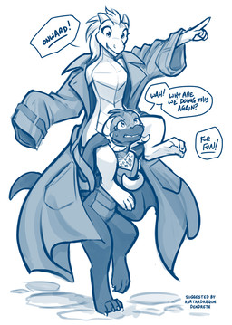alternate_species anthro biped carrying_another casual_nudity claws clothed clothed_anthro clothed_female clothing coat dialogue duo feet female fingers hair horn humor nude nude_anthro nude_female on_shoulders smile swear teeth text toes topwear totem_pole_trench trenchcoat conditional_dnp tom_fischbach twokinds lady_nora_(twokinds) madam_reni_(twokinds) kobold scalie 2026 blue_and_white digital_drawing_(artwork) digital_media_(artwork) english_text hi_res monochrome sketch