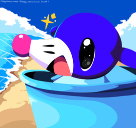 ambiguous_gender beach black_eyes blue_body bucket cloud container feral in_bucket in_container markings open_mouth sea sky solo sparkles tongue water whisker_markings sleepy_sealion nintendo pokemon generation_7_pokemon pokemon_(species) popplio 2025 absurd_res dated hi_res signature