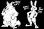 anthro baron_puddin_paws canid canine dialogue disney duo english_text eyes_closed female fox genitals gideon_grey hi_res judy_hopps lagomorph leporid male mammal monochrome nude penis pussy rabbit red_fox smile text true_fox zootopia