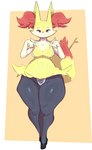 anthro breasts clothing female footwear fur high_heels looking_at_viewer panties red_eyes shoes simple_background smile solo stick_in_tail thick_thighs underwear wide_hips yellow_body yellow_fur gikowinko nintendo pokemon braixen generation_6_pokemon pokemon_(species)