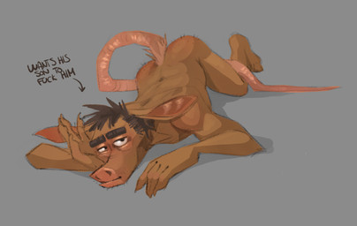 anthro aroused ass_up brown_body brown_fur eyebrows fur hairless_tail implied_incest long_ears looking_at_viewer male mature_male nude simple_background solo stubble submissive submissive_male text thick_eyebrows concupisco aardvark mammal english_text