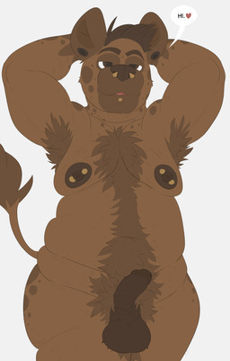 anthro areola armpit_hair balls barbell_piercing belly body_hair brown_body brown_eyes brown_fur brown_hair chest_hair dipstick_tail ear_piercing erection facial_piercing fur genitals glans hair heart_symbol lip_piercing looking_at_viewer male markings moobs nipple_dip nipple_piercing nipples nose_piercing nude nude_anthro nude_male overweight overweight_anthro overweight_male penis piercing pubes simple_background solo speech_bubble spots spotted_body spotted_face spotted_fur spotted_hips spotted_shoulders standing stubble tail tail_markings tail_tuft tuft vein veiny_penis white_background bolt_carrier hyena mammal hi_res