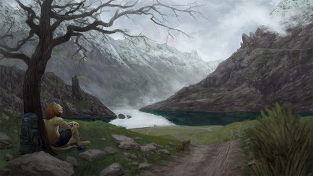 anthro backpack barefoot biped blue_markings blue_nose bottomwear clothed clothing cloud day detailed_background feet fog grass hair landscape male mane mane_hair markings mountain nature outside overcast pants plant rock sitting sky solo topless tree water spectrumshift dexterlion felid lion mammal pantherine 2018 detailed digital_media_(artwork)