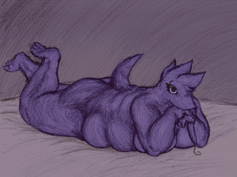 anthro back_fat bed bedroom_eyes belly big_belly big_breasts big_butt breasts butt curvy_figure digital_coloring eyebrows female furniture huge_breasts kicking_feet legs_up lying narrowed_eyes nude on_front raised_eyebrow resting_on_arms seductive slightly_chubby small_tail solo string tail thick_thighs voluptuous voluptuous_female axentooth purple_(miri-1017) squirmle hi_res traditional_media_(artwork)