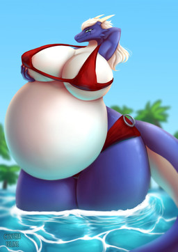 anthro beach belly big_belly big_breasts bikini breasts clothing curvy_figure female huge_breasts huge_thighs pregnant seaside small_head solo summer sun swimwear tail thick_thighs two-piece_swimsuit water cynthiafeline mythology tareck dragon mythological_creature mythological_scalie scalie absurd_res hi_res