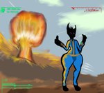 anthro black_body cloud explosion eyes_closed gesture hand_gesture male mushroom_cloud nuke pip-boy solo thick_thighs thumbs_up vault_suit unknown_artist fallout microsoft demon humanoid absurd_res hi_res