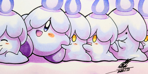 ambiguous_gender blush blush_lines colored_fire eyes_closed fire group one_eye_obstructed open_mouth purple_fire smile tongue white_body yellow_eyes 025aki kirby_(series) nintendo pokemon kirby animate_inanimate ditto_(pokemon) generation_1_pokemon generation_5_pokemon litwick pokemon_(species) waddling_head 2026 absurd_res dated hi_res signature