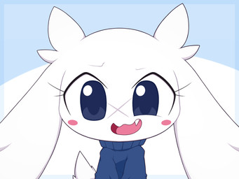 anthro blue_clothing blue_eyes blue_sweater blue_topwear blush blush_stickers clothed clothed_anthro clothed_female clothing cute_fangs eyelashes facial_scar fangs female fur long_ears looking_at_viewer nervous nervous_smile open_mouth open_smile pink_blush pink_tongue scar short_tail smile solo sweater tail teeth tongue topwear white_body white_ears white_fur white_tail x_scar km-15 cave_story sue_sakamoto lagomorph mammal mimiga 2023 4:3 digital_media_(artwork) hi_res