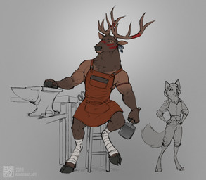 abs anthro antlers anvil apron biped bodypaint bottomwear brown_body brown_fur clothed clothing cloven_hooves duo face_paint feet female foot_wraps fully_clothed fur grey_background hammer hooves horn larger_male legwear male male_anthro muscular muscular_anthro muscular_male pants shirt simple_background size_difference text tools topwear unguligrade vein veiny_muscles wraps zaush canid canine cervine deer elk fox mammal 2018 absurd_res digital_drawing_(artwork) digital_media_(artwork) hi_res sketch url