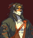 accessory anthro exposed_chest hair headband long_hair looking_at_viewer male orange_eyes red_background simple_background solo yellow_headband quqiyuntun arknights hypergryph studio_montagne huai_tianpei_(arknights) felid mammal pantherine tiger hi_res