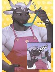 anthro apron black_body black_fur clothing fur hair horn kitchen_utensils ladle male muscular muscular_anthro muscular_male shirt solo t-shirt tools topwear white_hair sd_planb bovid bovine cattle mammal