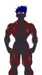 anthro black_body black_fur blue_mane featureless_crotch fur male mane multicolored_body multicolored_fur muscular muscular_male nude red_body red_fur scar scars_all_over solo two_tone_body two_tone_fur yellow_eyes marcy's_lewd_images anubis_(chupadore) canid canine chupadore fox mammal absurd_res hi_res