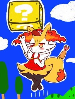 3_fingers 3_toes :3 ?_block ambiguous_anthro ambiguous_gender anthro arm_tuft biped black_body black_fur blush blush_lines blush_stickers bottomless bottomless_ambiguous bottomless_anthro cheek_tuft clothed clothing cloud digitigrade dipstick_tail facial_tuft feet fingers flat_chested food front_view fur hat headgear headwear hip_tuft inner_ear_fluff jumping markings mountain multicolored_body multicolored_fur object_in_tail orange_body orange_eyes orange_fur orange_inner_ear_fluff orange_nose orange_tail_tip outline outside partially_clothed_ambiguous partially_clothed_anthro plant pointy_ears prick_ears question_mark red_clothing red_hat red_headwear red_suspenders shoulder_tuft shrimp_(food) sky solo suspenders tail tail_markings tapering_snout toes tree tuft two_tone_tail white_body white_fur yellow_body yellow_fur yellow_tail annyui0611 mario_bros nintendo pokemon braixen canid generation_6_pokemon mammal pokemon_(species) colored digital_drawing_(artwork) digital_media_(artwork) flat_colors full-length_portrait hi_res japanese_description portrait translated_description