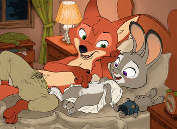 adult_on_toddler adult_on_young age_difference aged_down animal_genitalia animal_penis anthro bed bodily_fluids bottomwear canine_genitalia canine_penis clothed clothing duo feet female fingers fur furniture genital_fluids genitals grey_body leaking_precum lipsticking loli lying male male/female navel older_male on_back on_bed open_mouth orange_body pants penis penis_poking_out penis_tip plushie precum precum_on_clothing precum_string raised_clothing size_difference smile spread_legs spreading tail toddler toes topless topless_anthro topless_male vulva young young_anthro young_female younger_female hareluca disney zootopia judy_hopps nick_wilde canid canine canis european_rabbit fox lagomorph leporid mammal oryctolagus rabbit red_fox true_fox absurd_res digital_media_(artwork) hi_res story story_in_description