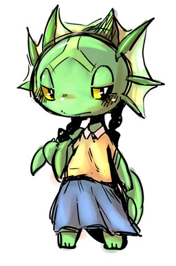 barefoot biped blue_bottomwear blue_clothing blush blush_lines bottomwear clothed clothing feet fin frill_(anatomy) green_body green_skin half-closed_eyes head_markings looking_aside looking_away markings membrane_(anatomy) membranous_frill narrowed_eyes simple_background skirt solo standing topwear white_background yellow_clothing yellow_eyes yellow_topwear doneru unknown_species 2015 digital_media_(artwork) full-length_portrait portrait unavailable_at_source