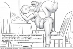3:2 anthro belly canid canine comic eating english_text faf fafcomics female food fox furniture greyscale ham hetty_(faf) mammal meat monochrome overweight overweight_anthro overweight_female pork solo table text