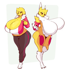 anthro big_breasts blonde_hair breasts cleavage clothed clothing duo female hair huge_breasts hyper hyper_breasts simple_background white_background white_ears yellow_body yellow_ears koolish bandai_namco digimon canid digimon_(species) mammal renamon character_request hi_res
