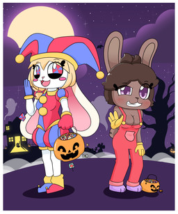 anthro big_breasts blue_clothing blue_gloves blue_handwear blush blush_lines blush_stickers border breasts brown_body brown_hair building candy clothing contact_lenses cosplay costume dessert duo ear_piercing ear_ring female fog food fool's_hat fruit fur gloves hair handwear hat headgear headwear holidays house jester jester_outfit long_ears moon multicolored_eyes night open_mouth overalls piercing plant pumpkin purple_eyes red_clothing red_gloves red_handwear ring_piercing sculpture sky smile star statue tree white_body white_border yellow_body yellow_clothing yellow_fur yellow_gloves yellow_handwear juanoh_uwu ambient_among_us among_us glitch_productions halloween innersloth kirby_(series) nintendo the_amazing_digital_circus fiora_(melleacomic) jax_(tadc) kirby mellea_(melleacomic) pomni_(tadc) angel bat digital_creature ghost lagomorph leporid mammal rabbit spirit 5:6 absurd_res digital_media_(artwork) hi_res sibling_(lore) sister_(lore) sisters_(lore)