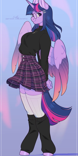 absolute_territory anthro big_breasts bottomwear breasts clothed clothing eyewear female fingers fully_clothed fur glasses hair high_waisted_bottomwear high_waisted_skirt hooves horn leg_warmers legs_together legwear looking_at_viewer multicolored_hair multicolored_tail pattern_bottomwear pattern_clothing pattern_skirt plaid plaid_bottomwear plaid_clothing plaid_skirt pleated_skirt purple_body purple_eyes purple_fur purple_tail side_view skirt slim smile solo standing sweater tail text thigh_highs topwear unicorn_horn wings evehly friendship_is_magic hasbro my_little_pony mythology twilight_sparkle_(mlp) equid equine mammal mythological_creature mythological_equine winged_unicorn full-length_portrait hi_res portrait signature url