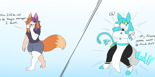 anthro barefoot before_and_after black_clothing black_shirt black_topwear bottomwear breast_growth breasts brown_hair clothing dialogue digitigrade feet female footwear gender_transformation green_hair growth hair high_heels machine male mtf_transformation open_mouth shirt shoes shorts solo species_transformation surprised tail text topwear transformation walking robertge deltarune undertale_(series) j8-bit_(cakebatterbossmonster) tasque_manager bovid canid canine caprine darkner fox goat hybrid mammal robot 2026 digital_media_(artwork) english_text hi_res