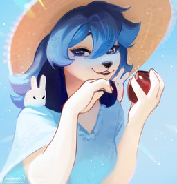 anthro biped breasts claws clothed clothed_anthro clothed_female clothing female fingers front_view hair hat headgear headwear looking_at_viewer simple_background smile solo teeth hackainax canid canine canis domestic_dog mammal 2026 digital_drawing_(artwork) digital_media_(artwork) hi_res