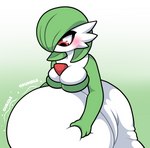 belly big_belly big_breasts blush breasts cleavage clothed clothing female green_body green_hair hair hand_on_belly holding_stomach huge_belly hyper hyper_belly looking_at_stomach looking_down mouthless not_furry one_eye_obstructed red_eyes rumbling_stomach solo sound_effects text white_body pompuffy_(artist) nintendo pokemon gardevoir generation_3_pokemon humanoid pokemon_(species)