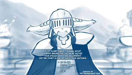 anthro armor biped cloak clothed clothed_anthro clothed_male clothing dialogue front_view fur game_ui gameplay_mechanics headgear helmet hidden_eyes male open_mouth outside solo talking_to_viewer teeth text tongue conditional_dnp tom_fischbach bethesda_game_studios microsoft oblivion the_elder_scrolls twokinds basitin mammal 2026 7:4 blue_and_white digital_drawing_(artwork) digital_media_(artwork) english_text half-length_portrait hi_res meme monochrome portrait sketch