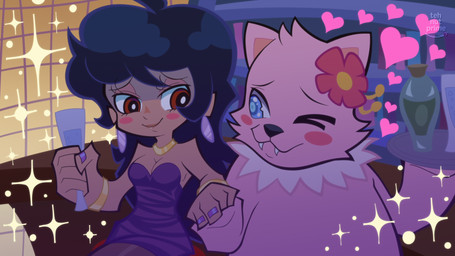 alcohol anthro bag bartender beverage black_bottomwear black_clothing black_hair black_pants blue_eyes blush bottomwear bracelet clothed clothed_anthro clothed_female clothing colored_nails container cork cup detailed_background dress drinking_glass duo ear_piercing ear_ring eyelashes eyes_closed fangs female female_anthro flirting flower footwear fur glass glass_container glass_cup gold_(metal) gold_bracelet gold_jewelry gold_necklace group hair hand_holding heart_symbol holding_object holding_plate jewelry kissing_hand mailbag male nails necklace one_eye_closed pants piercing pink_body pink_fur plant purple_clothing red_eyes ring_piercing romantic romantic_couple shelf sparkles standing teeth toony white_body white_fur window wine wine_bottle wine_glass wink tehnutball amagi_brilliant_park panty_and_stocking_with_garterbelt tirami canid canine canis domestic_dog human mammal pomeranian spitz 16:9 2025 hi_res shaded widescreen