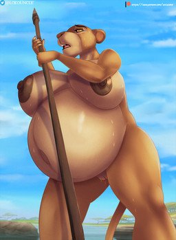 anthro anthrofied areola belly big_belly big_breasts blue_sky bodily_fluids breasts brown_body brown_eyes brown_fur casual_nudity cloud dark_areola dark_nipples day female fur genitals glistening glistening_body holding_melee_weapon holding_object holding_polearm holding_spear holding_weapon huge_breasts jewelry mature_anthro mature_female melee_weapon navel nipples nude open_mouth outdoor_nudity outside polearm pregnant pregnant_anthro pregnant_female savanna sky skyscape solo spear standing sweat teeth text tired tongue vulva water weapon el-loko disney the_lion_king sarabi_(the_lion_king) felid lion mammal pantherine 2022 hi_res url