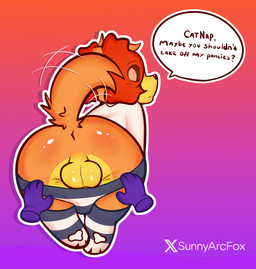 anthro anus backsack balls blush blush_lines butt clothed clothing clothing_pull duo ear_blush embarrassed femboy fluffy fluffy_tail fur genitals glare_(lighting) gradient_background legwear lingerie looking_at_viewer looking_back looking_back_at_viewer male male/male orange_body panties panties_down panty_pull partially_clothed paws purple_body raised_tail shirt simple_background stockings t-shirt tail tail_anus tail_motion topwear underwear underwear_down underwear_pull yellow_body sunnyarcfox mob_entertainment poppy_playtime smiling_critters catnap_(poppy_playtime) dogday_(poppy_playtime) canid canine felid mammal hi_res