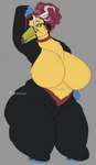 anthro beak big_breasts blue_eyes breasts feathers featureless_breasts female grey_hair hair highlights_(coloring) mature_female multicolored_body multicolored_feathers non-mammal_breasts red_hair slightly_chubby slightly_chubby_female solo thick_thighs etoilenocturne miranda_(charliecorvinus) avian bird toucan hi_res