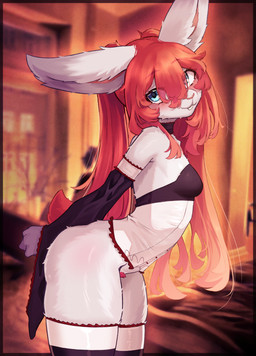 :3 anthro arched_back bent_over big_butt biped blue_eyes blurred_background breasts butt clothed clothed_anthro clothed_female clothing female fingers fur hair inside leaning leaning_forward legs_together long_hair looking_at_viewer pubes red_hair red_tail side_view small_breasts small_waist smile solo standing tail teeth white_body white_fur cyberkaps naili_(cyberkaps) lagomorph leporid mammal rabbit 2026 digital_drawing_(artwork) digital_media_(artwork) hi_res