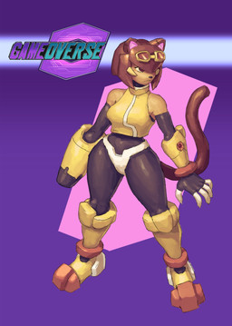 5_fingers anthro arm_cannon armor armwear bare_shoulders belt bodysuit boots bracers brown_hair claws clothing elbow_gloves female finger_claws fingerless_gloves fingers footwear fur gloves hair halter_top handwear headgear helmet logo machine magenta_eyes mecha_musume pseudo_hair purple_background redesign shoes short_hair simple_background skinsuit standing style_emulation tail tan_body tan_fur thick_thighs tight_clothing topwear vest wide_hips redustheriotact capcom gameoverse glitch_productions mega_man_(series) mega_man_zero kit_bodega android domestic_cat felid feline felis mammal reploid robot 2026 absurd_res hi_res