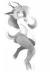 accessory antlers breasts female flower flower_in_hair fur hair hair_accessory hand_on_knee hand_on_leg hooves horn looking_at_viewer looking_back nude on_one_leg plant simple_background solo split_form standing white_background dogyd animal_humanoid bovid caprine goat humanoid mammal satyr digital_media_(artwork) digital_painting_(artwork) greyscale hi_res monochrome painting_(artwork)