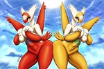 anthro ass_to_ass big_breasts biped breasts detailed_background duo eyelashes featureless_crotch female female/female looking_back multicolored_body nude open_mouth outside pupils thick_thighs three-quarter_view latiar nintendo pokemon generation_3_pokemon latias legendary_pokemon pokemon_(species) 2025 hi_res