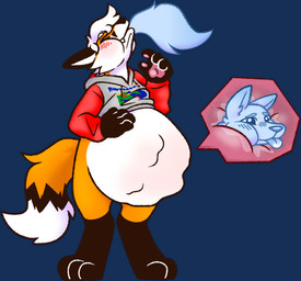 abdominal_bulge anthro belly black_body black_fur blue_eyes blush bottomless clothed clothing fur hair hoodie hoodie_only male n64_logo orange_body orange_fur safe_vore same_size_vore soft_vore solo swallowing topwear topwear_only vore white_body white_fur white_hair boycotee nintendo nintendo_64 ych_(character) canid canine fox mammal red_fox true_fox alpha_channel hi_res