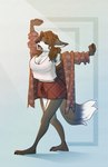 brown_hair clothing eyes_closed female fur grey_body grey_fur hair morning pajamas sleeping sleepwear solo stretching tired walking slyasafoxibou canid canine canis mammal wolf absurd_res hi_res gynomorph_(lore)