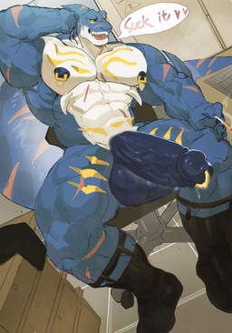 abdominal_markings abs anthro areola arm_scar balls biceps big_balls big_penis black_clothing black_footwear black_sclera black_socks blue_areola blue_body blue_nipples blue_penis blue_scales bodily_fluids chair cheek_scar chest_markings cigarette claws clothing dialogue drawer elbow_fin erection eye_scar facial_scar fin fin_scar finger_claws footwear footwear_only furniture garter_belt garter_belt_socks garter_straps genital_piercing genitals glans golden_markings green_eyes hand_behind_head head_fin holding_cigarette holding_object humanoid_genitalia humanoid_penis inside keyboard leg_markings leg_scar male markings mostly_nude nipple_piercing nipple_ring nipples on_chair open_mouth pecs penis penis_piercing piercing prince_albert_piercing ring_piercing scales scar sharp_teeth sitting sitting_on_chair smoking smoking_cigarette snout snout_scar socks socks_only solo speech_bubble sweat table tail tail_scar teeth text thigh_markings thigh_scar vein veiny_penis ventral_fin white_body white_scales shaqiqi2077 alvintanubis dylan_(alvintanubis) aquatic fish shark 2026 english_text hi_res