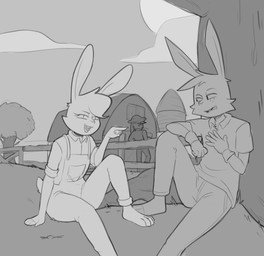 anthro barn chest_tuft clothing duo_focus farm female fence freckles gloves group handwear hat headgear headwear looking_back male object_in_mouth overalls plant silo sitting straw_hat tree tuft wheat wheat_in_mouth agidyne rose_(agidyne) stephen_(agidyne) lagomorph leporid mammal rabbit hi_res monochrome sketch