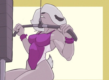 anthro athletic athletic_anthro athletic_female athletic_wear clothing exercise exercise_clothing female fitness fluffy fluffy_tail fur hair hair_over_eyes leotard short_tail solo tail weightlifting white_body white_fur white_hair workout wristband f_draws bovid caprine mammal sheep hi_res