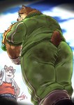 anthro butt clothing dirty dirty_clothing duo eyewear farmer food fruit glasses green_clothing low-angle_view male outside plant pumpkin hikoero777 lifewonders tokyo_afterschool_summoners sitri_(tas) volos_(tas) bear mammal