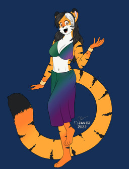 4_toes 5_fingers anthro bangle barefoot black_body black_eyebrows black_fur black_hair black_nose breasts cleavage clothed clothing countershade_face countershade_torso countershading dipstick_ears dipstick_tail ear_markings eyebrows eyelashes feet female fingers fur gradient_clothing gradient_fur hair jewelry long_hair long_tail looking_at_viewer markings midriff multicolored_ears navel on_one_leg open_mouth orange_body orange_eyes orange_fur raised_leg red_tongue sharp_teeth simple_background smile solo standing striped_body stripes tail tail_markings teeth toes tongue transparent_background white_body white_fur white_hair jayheartwing felid mammal pantherine tiger 2022 absurd_res alpha_channel flat_colors hi_res signature