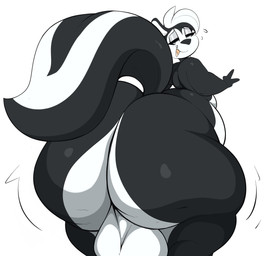 anthro backsack balls big_balls big_butt butt butt_focus genitals gesture hand_gesture huge_butt hyper hyper_butt looking_at_viewer looking_back male multicolored_body narrowed_eyes nude obese open_mouth overweight solo thick_thighs two_tone_body v_sign wide_hips arizonathevixen looney_tunes warner_brothers pepe_le_pew mammal mephitid skunk absurd_res hi_res