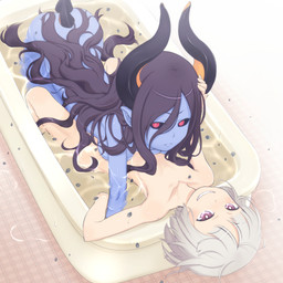 bath black_hair black_sclera blue_body blue_skin duo female female/female grin hair hair_between_eyes horn humanoid_pointy_ears long_hair looking_at_viewer not_furry nude petals pointy_ears purple_eyes purple_hair short_hair smile water white_hair takeda_yukimura bandai_namco summon_night cyda_afrarn flootier_(summon_night) demon human humanoid mammal 1:1 hi_res