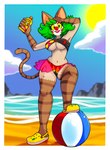 anthro ball beach beach_ball bottomwear breasts cleavage clothed clothing cloud clown clown_makeup clown_nose eyelashes fangs female footwear fur green_hair green_sclera hair hand_on_head inflatable lips looking_at_viewer markings multicolored_body multicolored_fur navel shoes skirt sky smile solo striped_body striped_fur striped_markings striped_tail stripes sun sunscreen tail tail_markings teeth translucent translucent_clothing under_boob wide_hips roboticsteve crocs ring_cats taffy_(robotic_stevie) domestic_cat felid feline felis mammal absurd_res hi_res